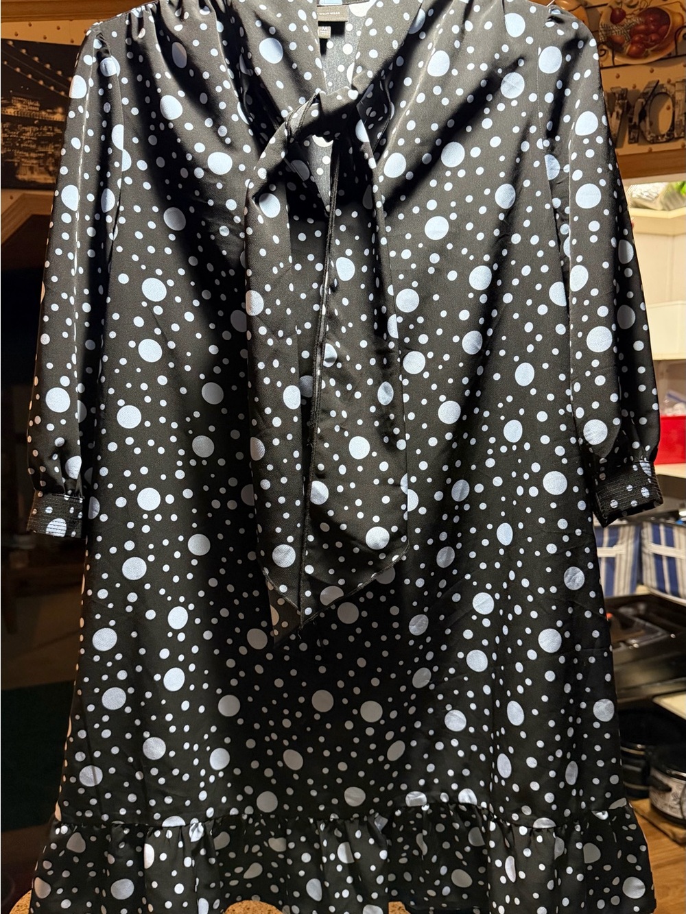 Who What Wear Black Dress with White Polka Dots and Tie Neck